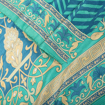 Sanskriti Vintage Blue Saree Fabric Pure Crepe Geometric Print Sari 5.5+Yd Craft