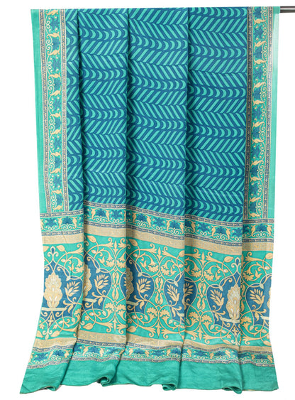 Sanskriti Vintage Blue Saree Fabric Pure Crepe Geometric Print Sari 5.5+Yd Craft