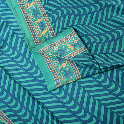 Sanskriti Vintage Blue Saree Fabric Pure Crepe Geometric Print Sari 5.5+Yd Craft