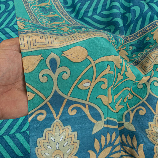 Sanskriti Vintage Blue Saree Fabric Pure Crepe Geometric Print Sari 5.5+Yd Craft