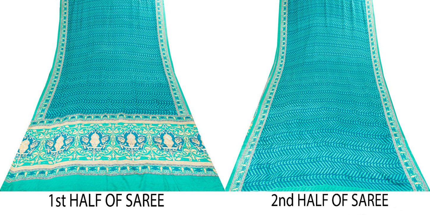 Sanskriti Vintage Blue Saree Fabric Pure Crepe Geometric Print Sari 5.5+Yd Craft
