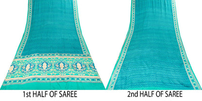 Sanskriti Vintage Blue Saree Fabric Pure Crepe Geometric Print Sari 5.5+Yd Craft