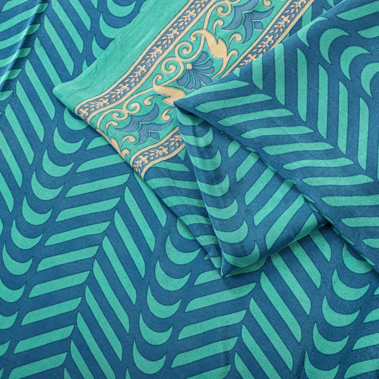 Sanskriti Vintage Blue Saree Fabric Pure Crepe Geometric Print Sari 5.5+Yd Craft