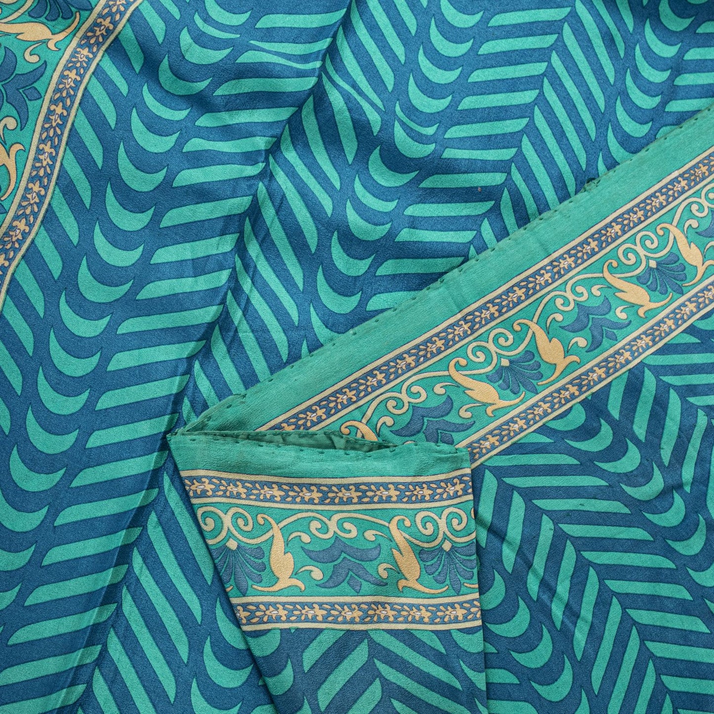 Sanskriti Vintage Blue Saree Fabric Pure Crepe Geometric Print Sari 5.5+Yd Craft