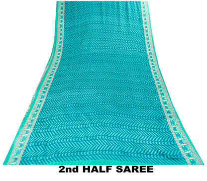 Sanskriti Vintage Blue Saree Fabric Pure Crepe Geometric Print Sari 5.5+Yd Craft