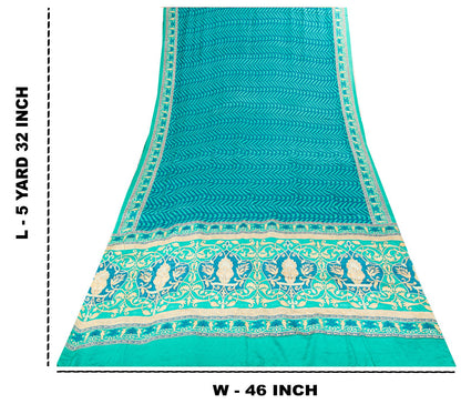 Sanskriti Vintage Blue Saree Fabric Pure Crepe Geometric Print Sari 5.5+Yd Craft