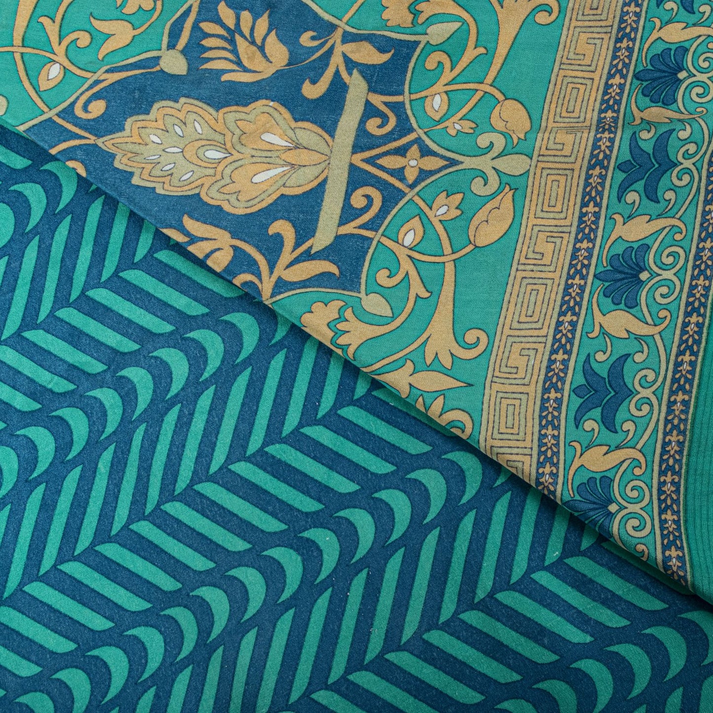 Sanskriti Vintage Blue Saree Fabric Pure Crepe Geometric Print Sari 5.5+Yd Craft