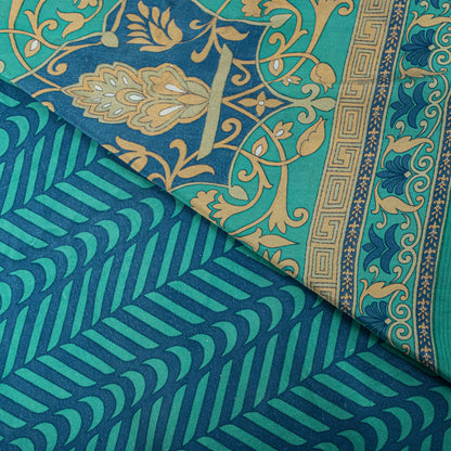 Sanskriti Vintage Blue Saree Fabric Pure Crepe Geometric Print Sari 5.5+Yd Craft