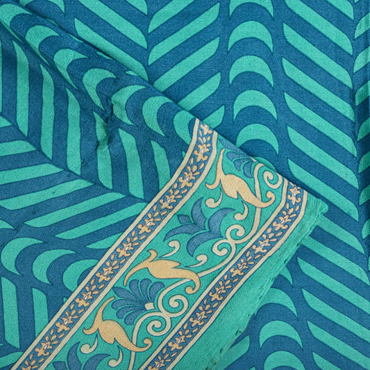 Sanskriti Vintage Blue Saree Fabric Pure Crepe Geometric Print Sari 5.5+Yd Craft