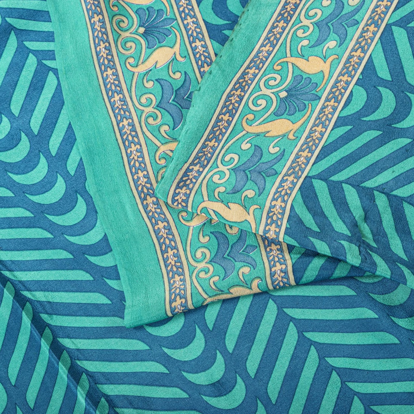 Sanskriti Vintage Blue Saree Fabric Pure Crepe Geometric Print Sari 5.5+Yd Craft