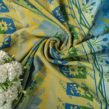 Sanskriti Vintage Saree Blue Pure Crepe Floral Printed Sari 5.5+Yd Craft Fabric