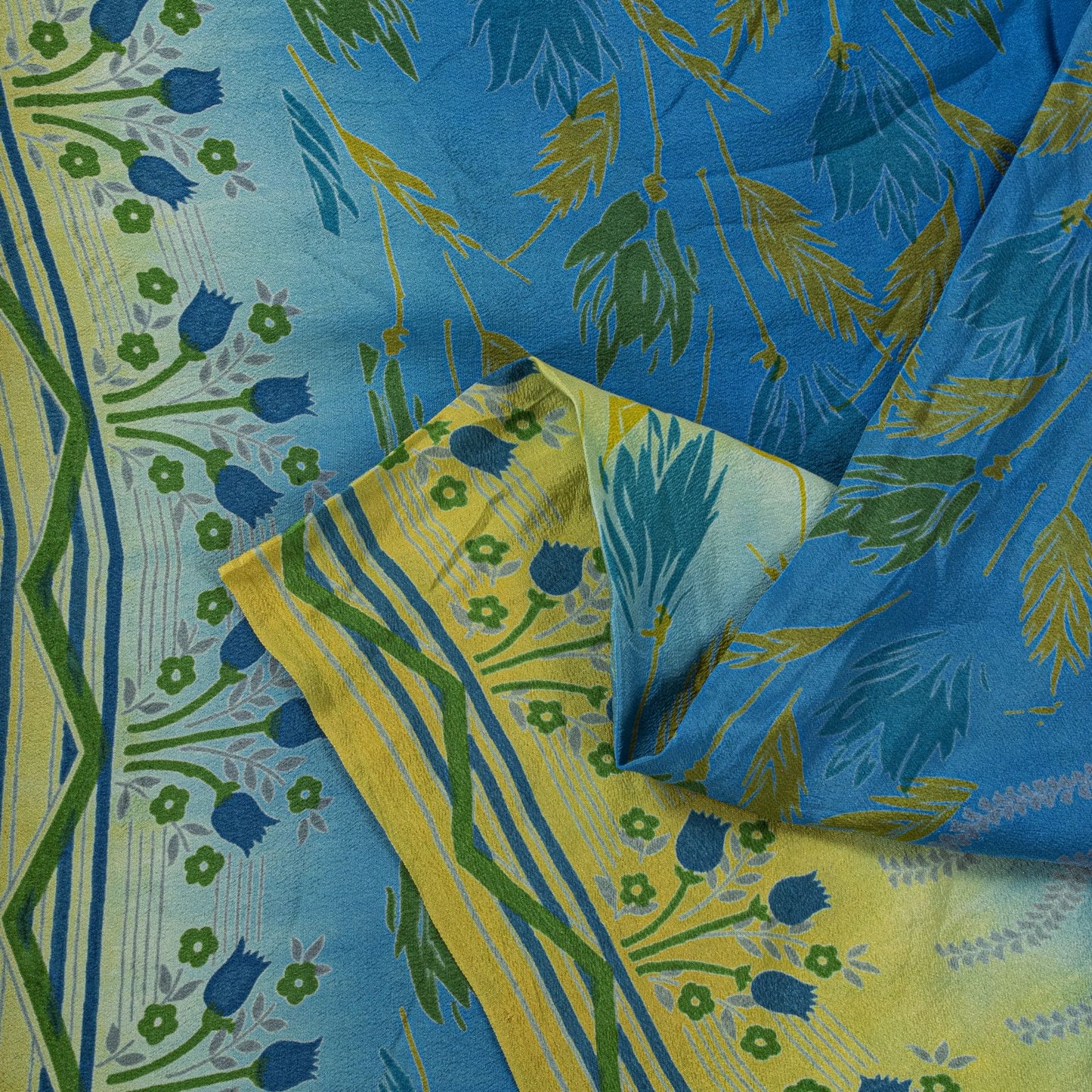Sanskriti Vintage Saree Blue Pure Crepe Floral Printed Sari 5.5+Yd Craft Fabric