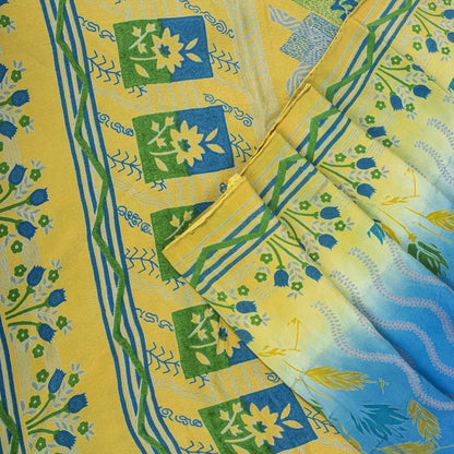 Sanskriti Vintage Saree Blue Pure Crepe Floral Printed Sari 5.5+Yd Craft Fabric
