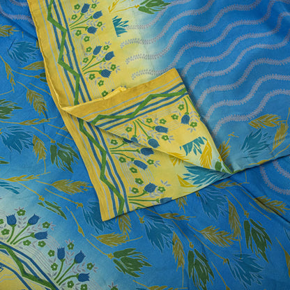 Sanskriti Vintage Saree Blue Pure Crepe Floral Printed Sari 5.5+Yd Craft Fabric
