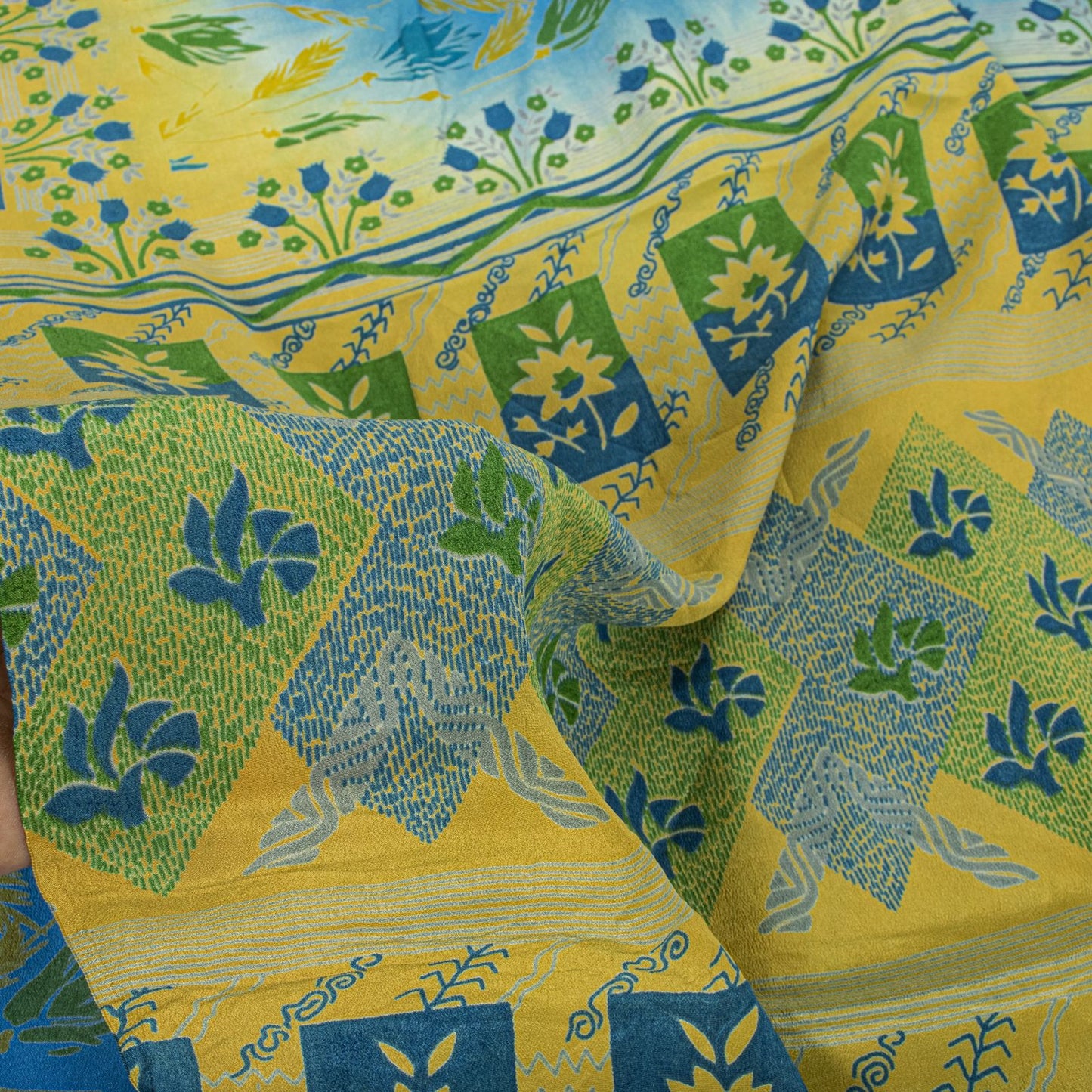 Sanskriti Vintage Saree Blue Pure Crepe Floral Printed Sari 5.5+Yd Craft Fabric