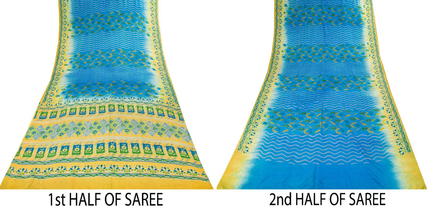 Sanskriti Vintage Saree Blue Pure Crepe Floral Printed Sari 5.5+Yd Craft Fabric