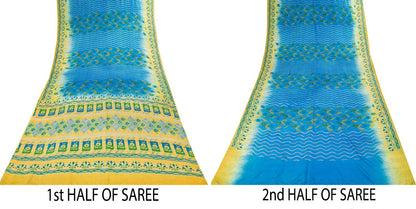Sanskriti Vintage Saree Blue Pure Crepe Floral Printed Sari 5.5+Yd Craft Fabric