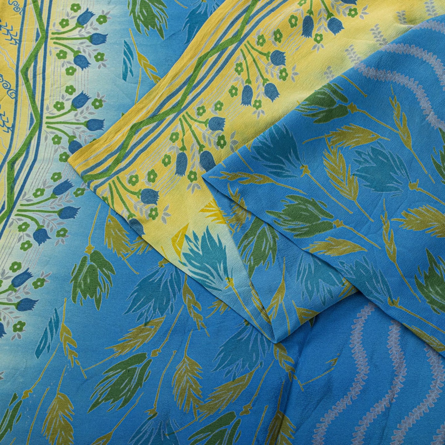 Sanskriti Vintage Saree Blue Pure Crepe Floral Printed Sari 5.5+Yd Craft Fabric