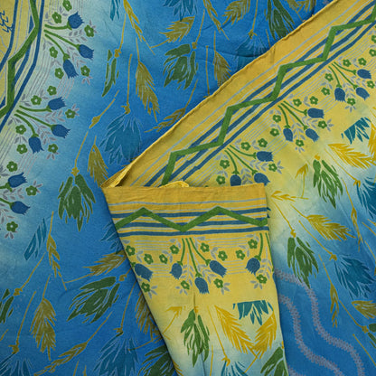 Sanskriti Vintage Saree Blue Pure Crepe Floral Printed Sari 5.5+Yd Craft Fabric