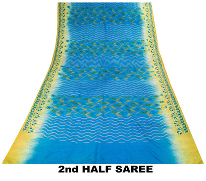 Sanskriti Vintage Saree Blue Pure Crepe Floral Printed Sari 5.5+Yd Craft Fabric