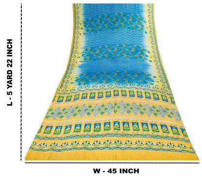 Sanskriti Vintage Saree Blue Pure Crepe Floral Printed Sari 5.5+Yd Craft Fabric