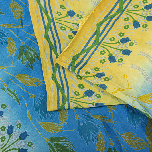 Sanskriti Vintage Saree Blue Pure Crepe Floral Printed Sari 5.5+Yd Craft Fabric