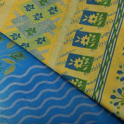 Sanskriti Vintage Saree Blue Pure Crepe Floral Printed Sari 5.5+Yd Craft Fabric