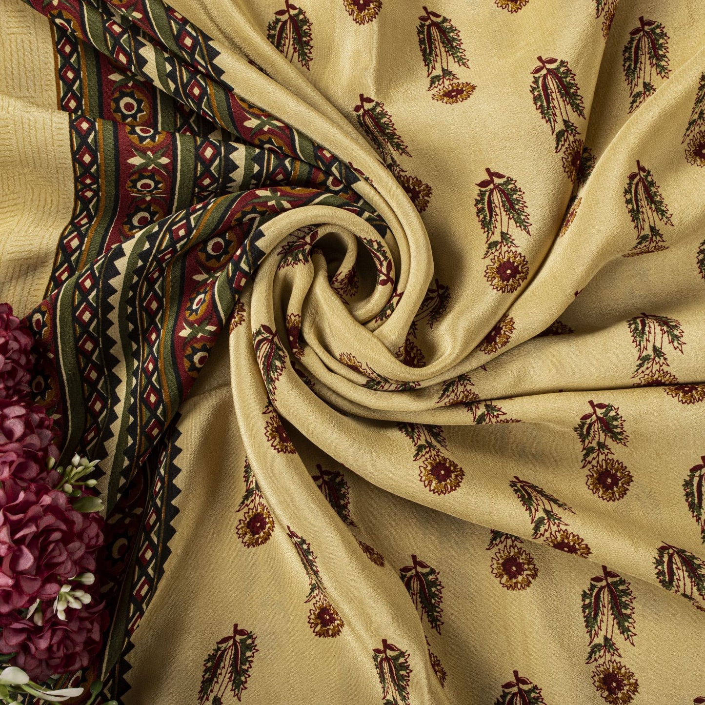 Sanskriti Vintage Saree Cream Pure Crepe Sanganeri Block Print Sari 5.5Yd Fabric