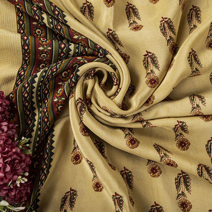 Sanskriti Vintage Saree Cream Pure Crepe Sanganeri Block Print Sari 5.5Yd Fabric