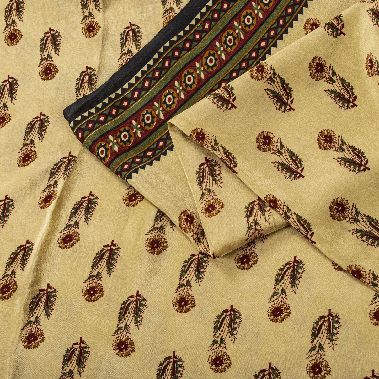 Sanskriti Vintage Saree Cream Pure Crepe Sanganeri Block Print Sari 5.5Yd Fabric