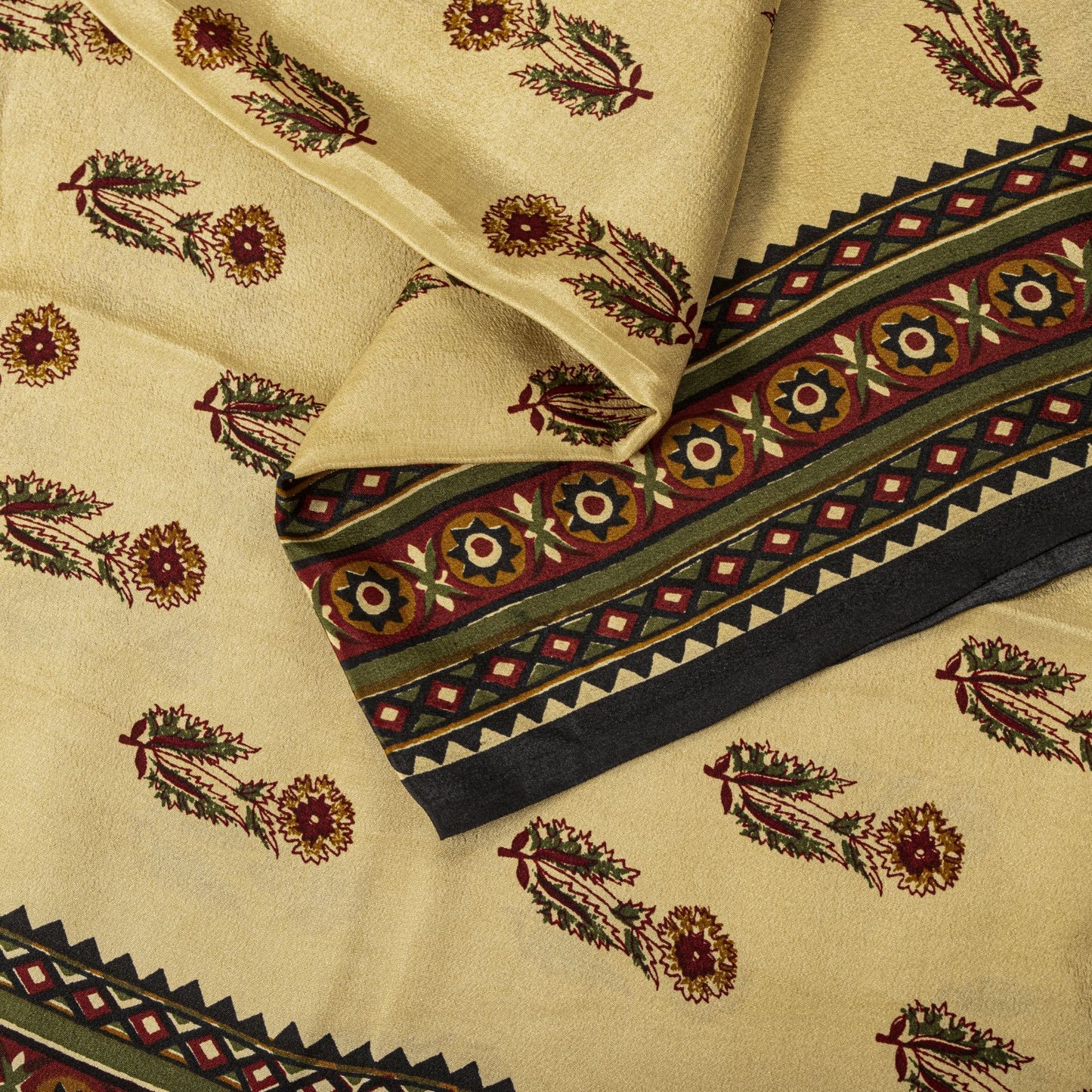 Sanskriti Vintage Saree Cream Pure Crepe Sanganeri Block Print Sari 5.5Yd Fabric