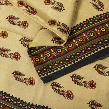 Sanskriti Vintage Saree Cream Pure Crepe Sanganeri Block Print Sari 5.5Yd Fabric