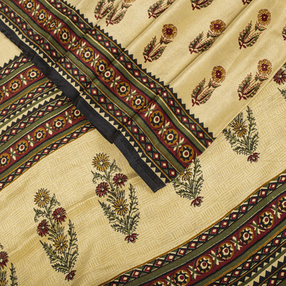Sanskriti Vintage Saree Cream Pure Crepe Sanganeri Block Print Sari 5.5Yd Fabric