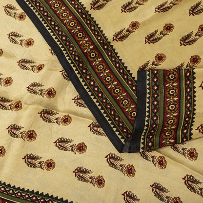 Sanskriti Vintage Saree Cream Pure Crepe Sanganeri Block Print Sari 5.5Yd Fabric