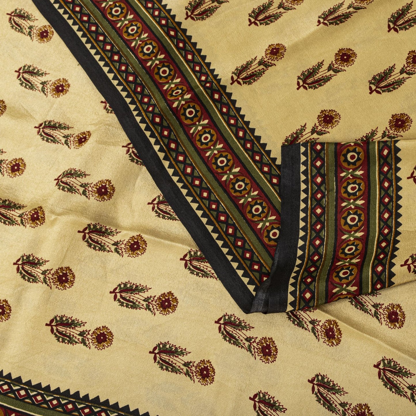 Sanskriti Vintage Saree Cream Pure Crepe Sanganeri Block Print Sari 5.5Yd Fabric