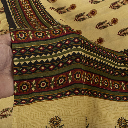 Sanskriti Vintage Saree Cream Pure Crepe Sanganeri Block Print Sari 5.5Yd Fabric