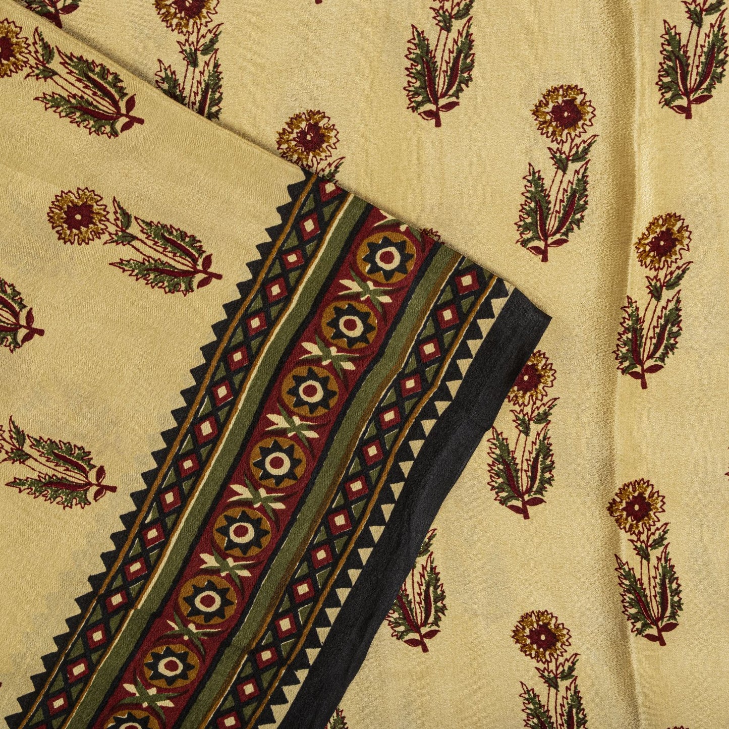 Sanskriti Vintage Saree Cream Pure Crepe Sanganeri Block Print Sari 5.5Yd Fabric