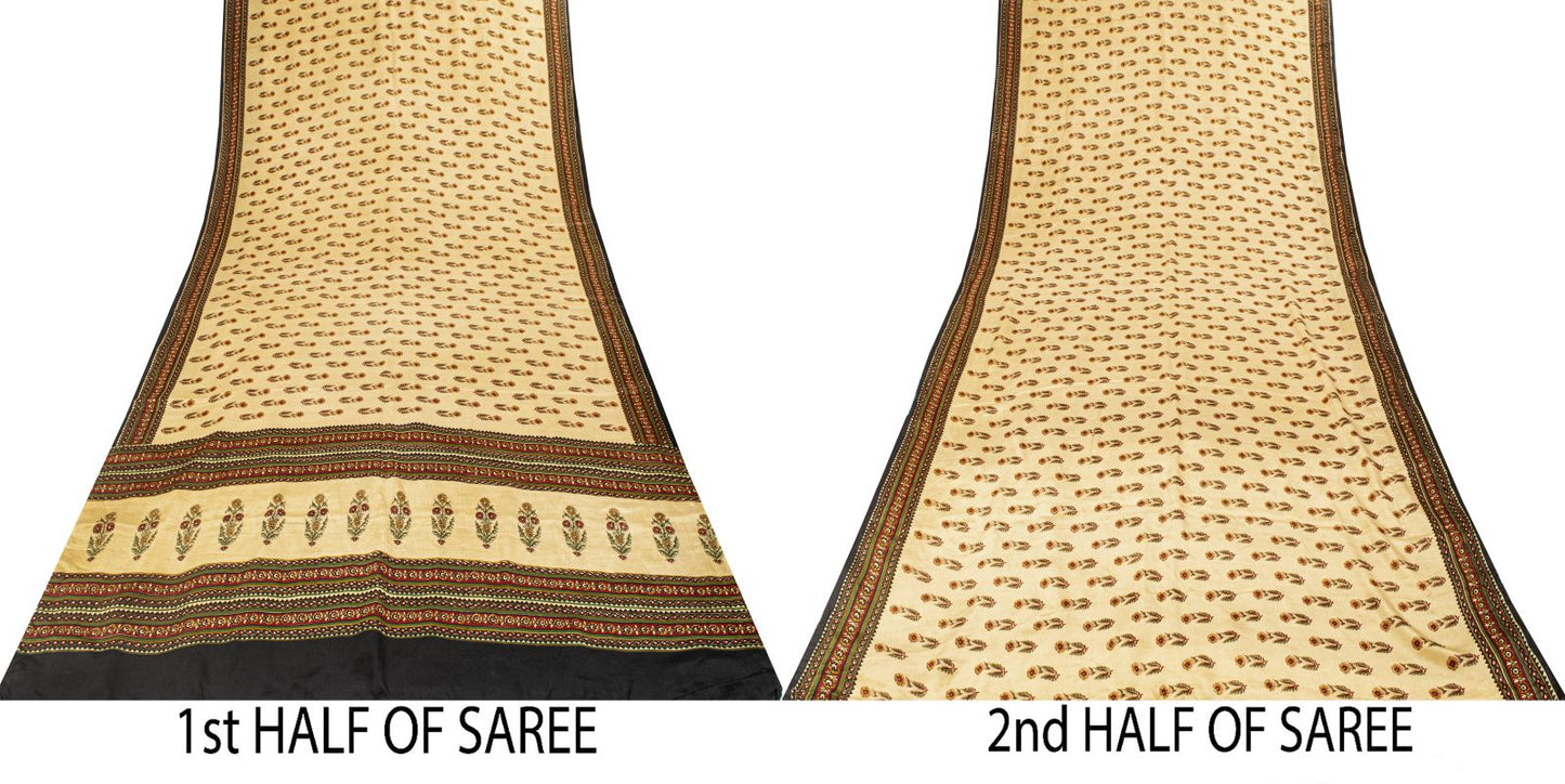 Sanskriti Vintage Saree Cream Pure Crepe Sanganeri Block Print Sari 5.5Yd Fabric