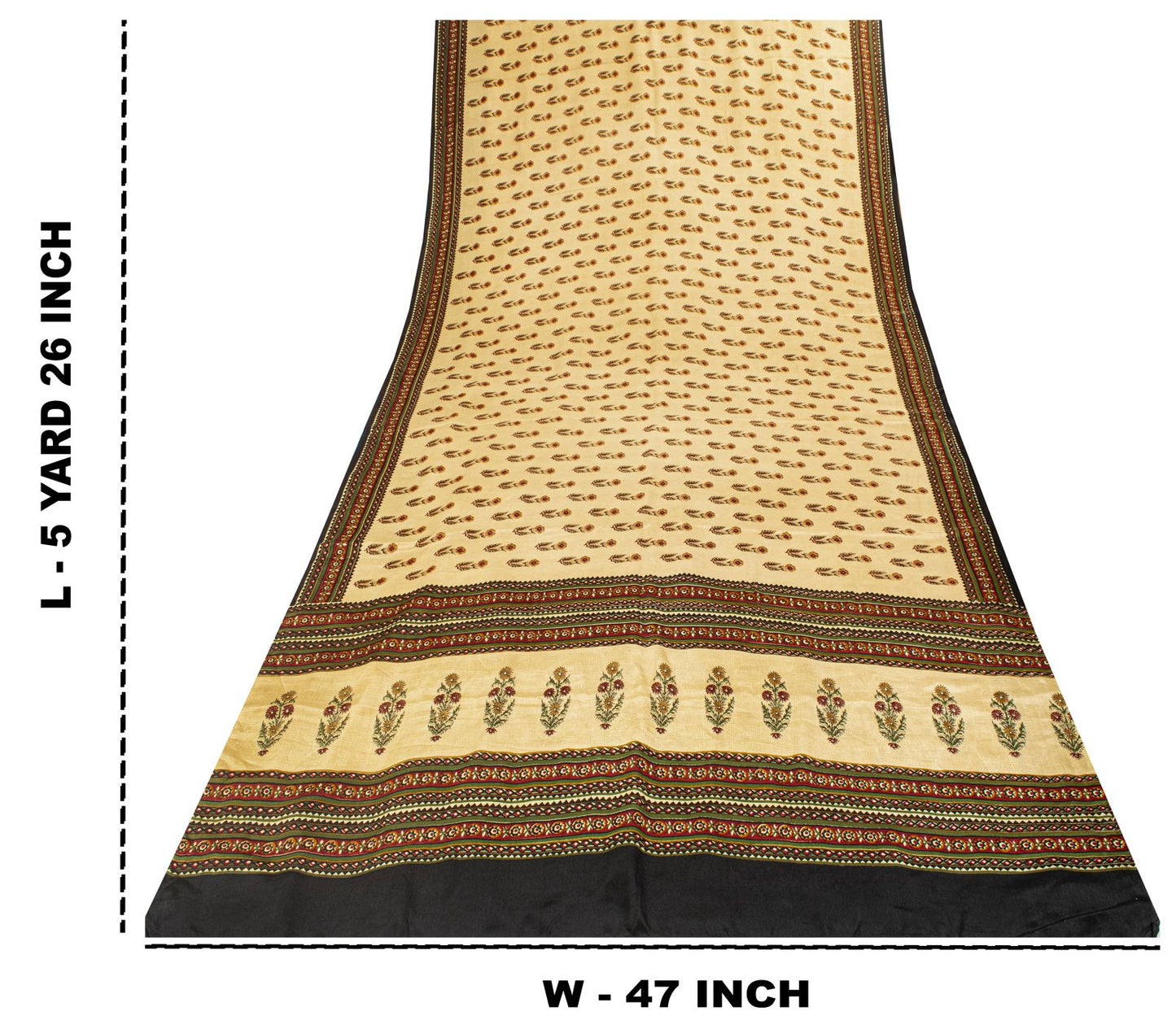Sanskriti Vintage Saree Cream Pure Crepe Sanganeri Block Print Sari 5.5Yd Fabric