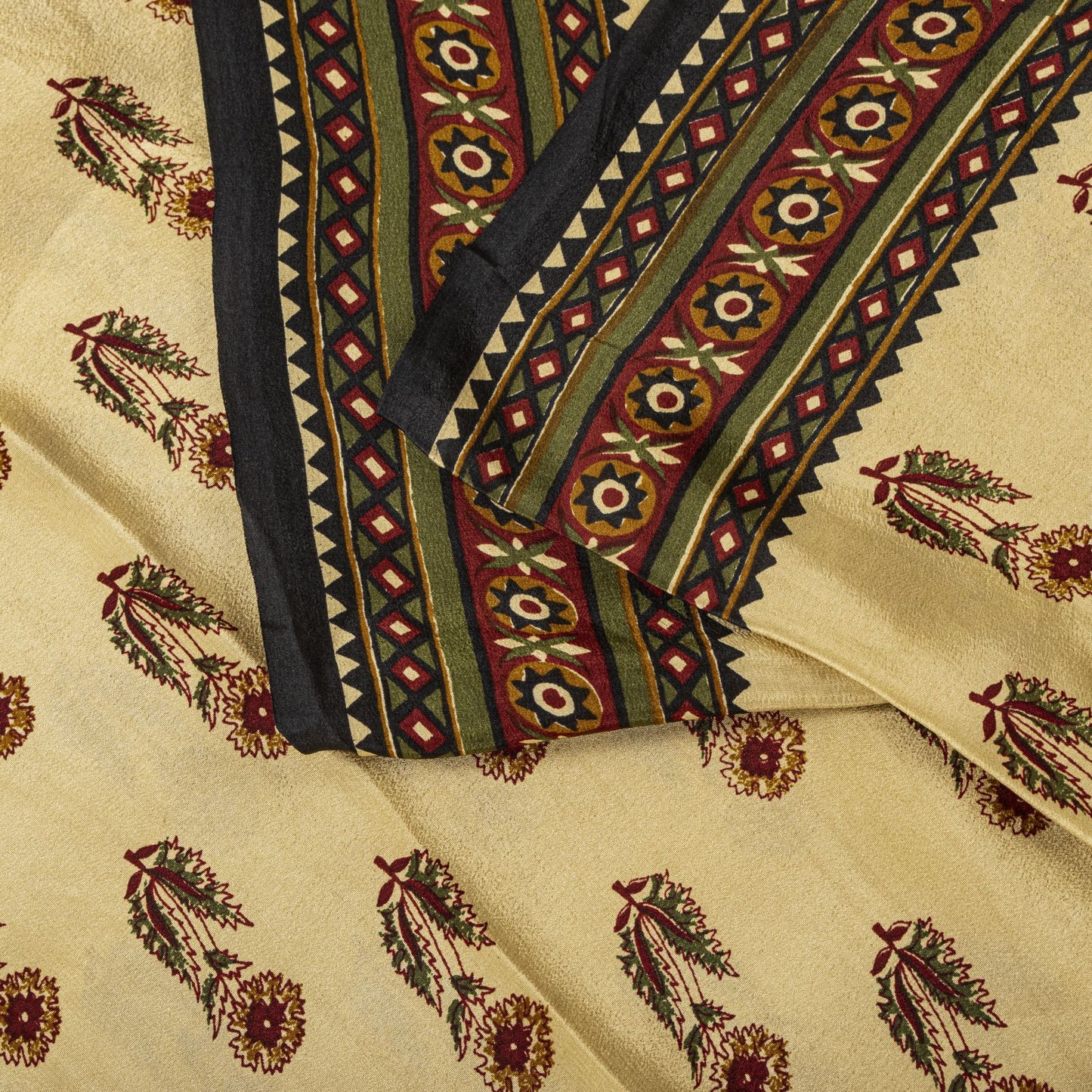 Sanskriti Vintage Saree Cream Pure Crepe Sanganeri Block Print Sari 5.5Yd Fabric