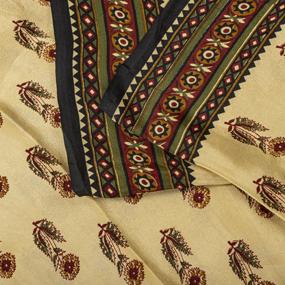 Sanskriti Vintage Saree Cream Pure Crepe Sanganeri Block Print Sari 5.5Yd Fabric