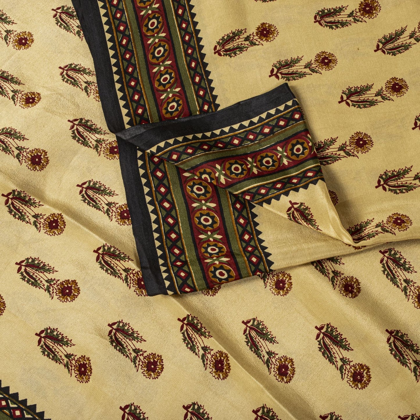 Sanskriti Vintage Saree Cream Pure Crepe Sanganeri Block Print Sari 5.5Yd Fabric