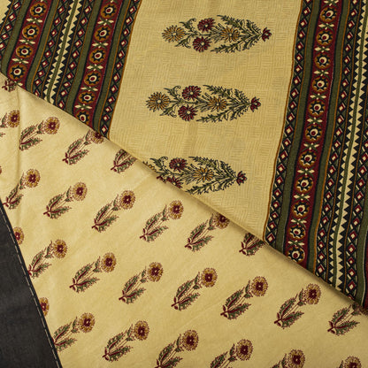 Sanskriti Vintage Saree Cream Pure Crepe Sanganeri Block Print Sari 5.5Yd Fabric