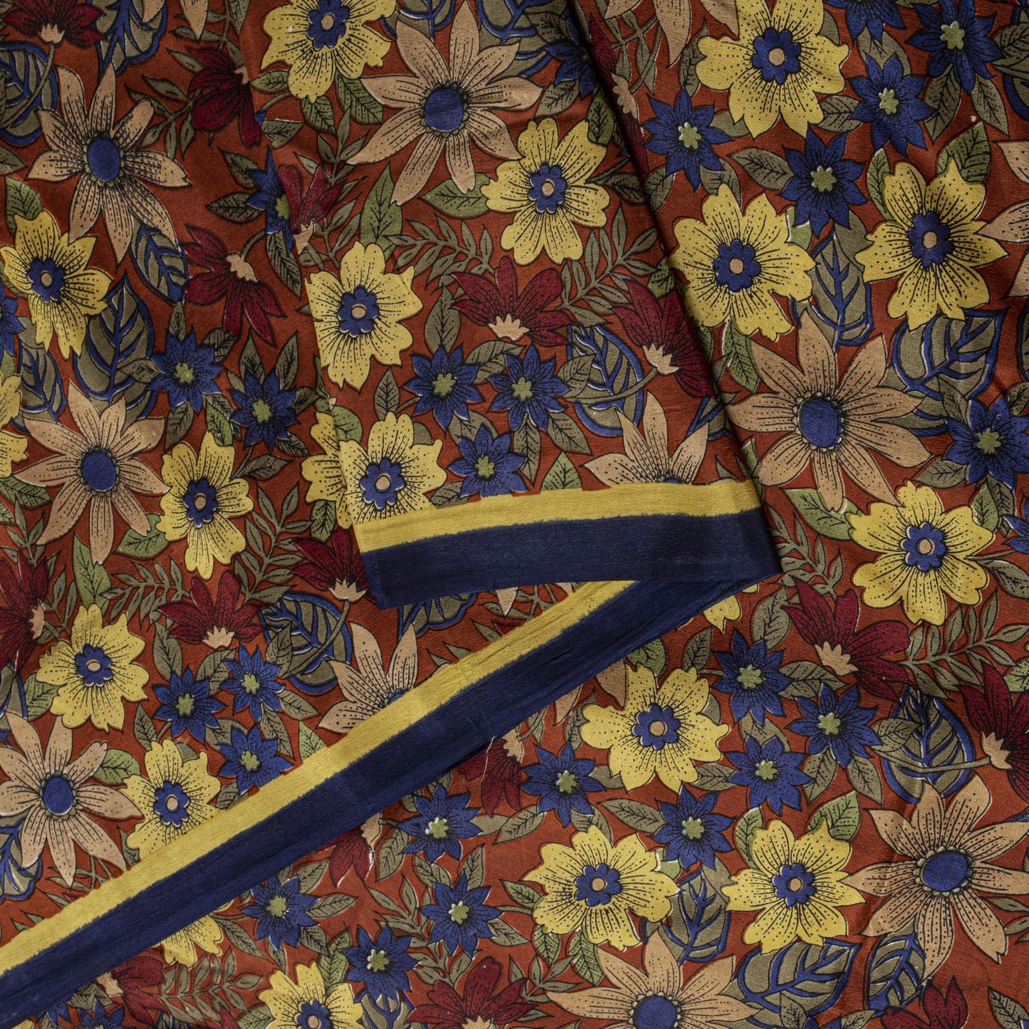 Sanskriti Vintage Saree Brown Pure Crepe Floral Printed Sari 5.5+Yd Craft Fabric