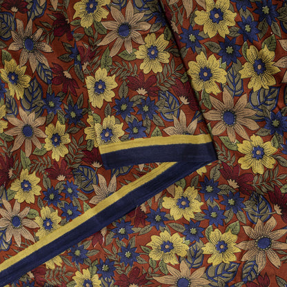 Sanskriti Vintage Saree Brown Pure Crepe Floral Printed Sari 5.5+Yd Craft Fabric