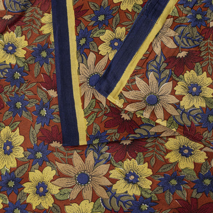 Sanskriti Vintage Saree Brown Pure Crepe Floral Printed Sari 5.5+Yd Craft Fabric