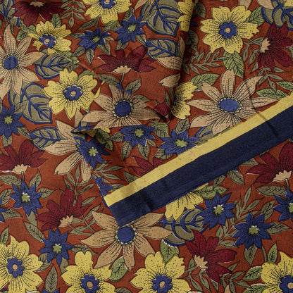 Sanskriti Vintage Saree Brown Pure Crepe Floral Printed Sari 5.5+Yd Craft Fabric