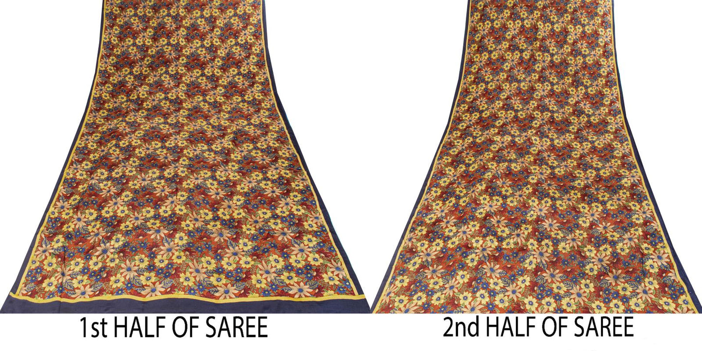 Sanskriti Vintage Saree Brown Pure Crepe Floral Printed Sari 5.5+Yd Craft Fabric