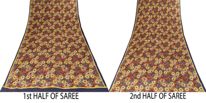 Sanskriti Vintage Saree Brown Pure Crepe Floral Printed Sari 5.5+Yd Craft Fabric