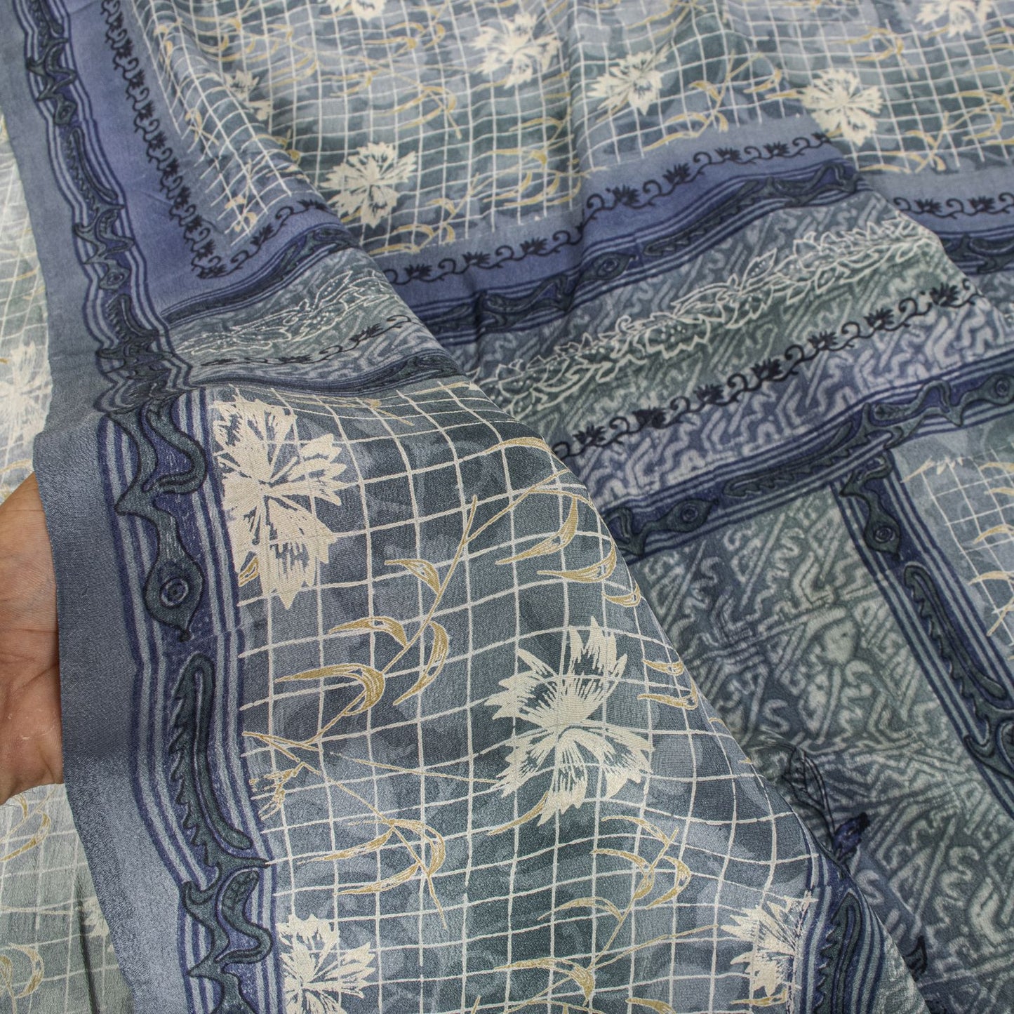 Sanskriti Vintage Gray Pure Crepe Silk Saree Floral Geometric Print Sari 5Yard